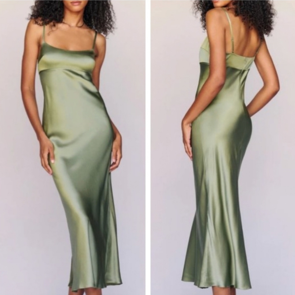 Reformation Olive Green Satin Slip Midi Dress